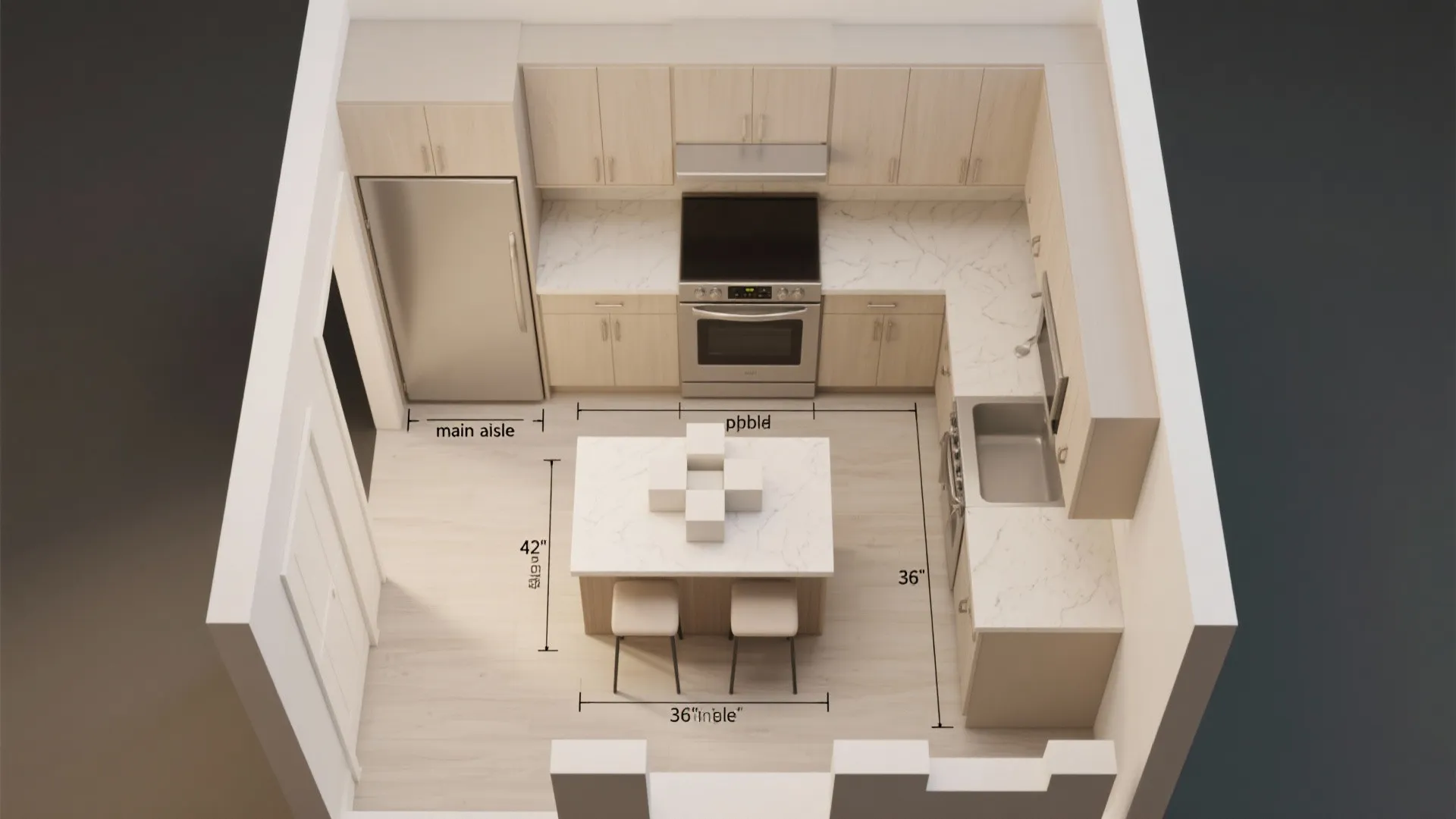 Interior design drawing showing kitchen room layout with dimensions for island clearance and appliance spacing