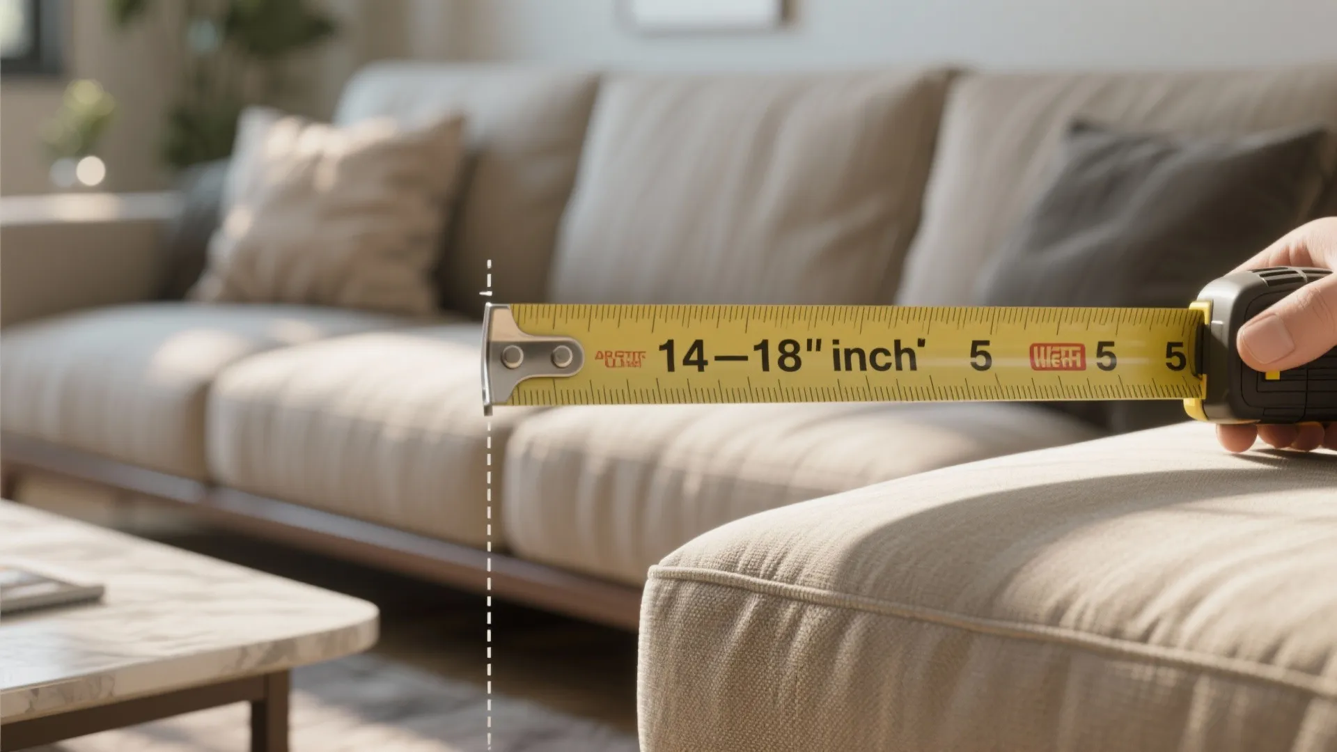 Hand holding yellow tape measure showing clearance distance between a sofa and a marble table