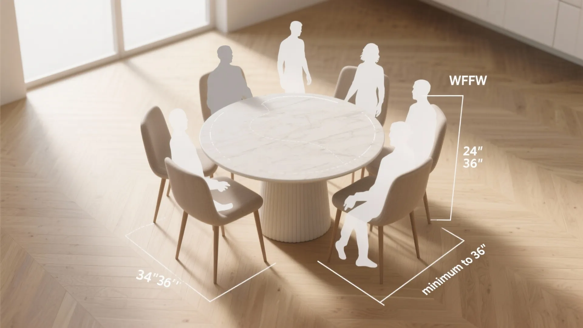 Round marble dining table with chairs showing clearance measurements for seating and walking in a room