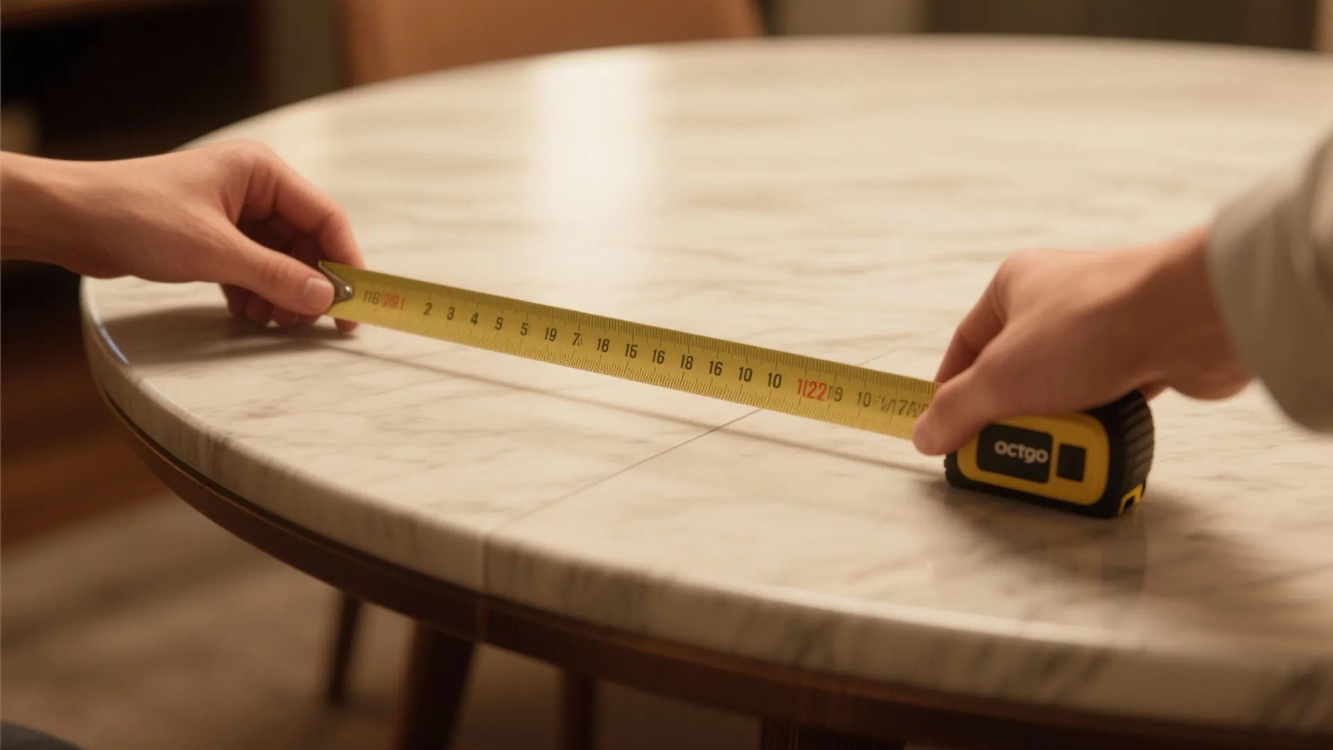 Close-up of a tape measure measuring clearance from a round table edge to the wall