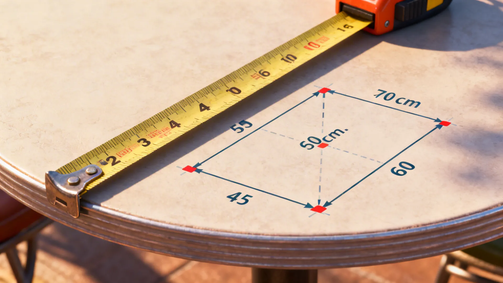 Tape measure across a round coffee table showing recommended circulation clearances for small living rooms.