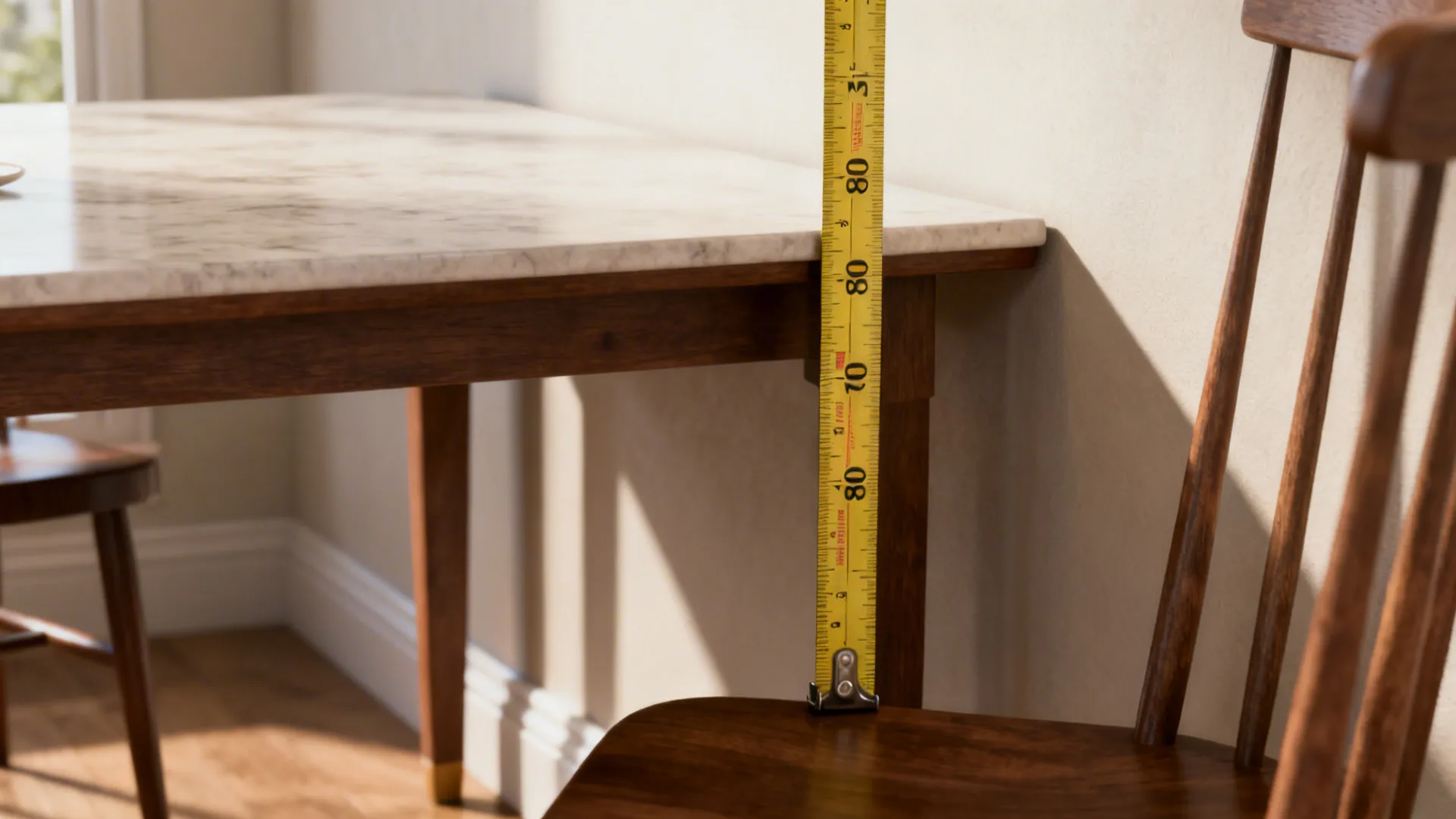 Tape measure showing recommended 80–90 cm clearance around a dining table in a small apartment.