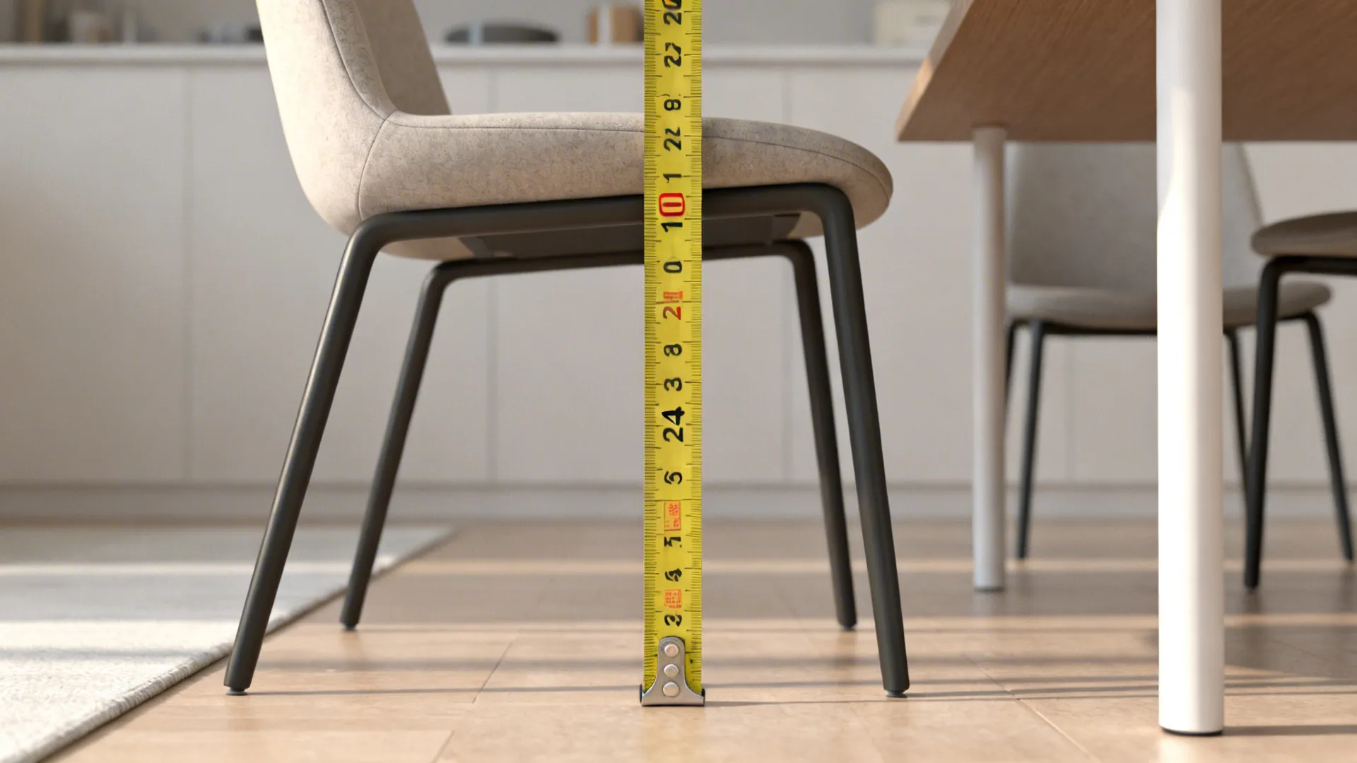 Tape measure showing recommended 24 inches clearance behind a dining chair in a small layout