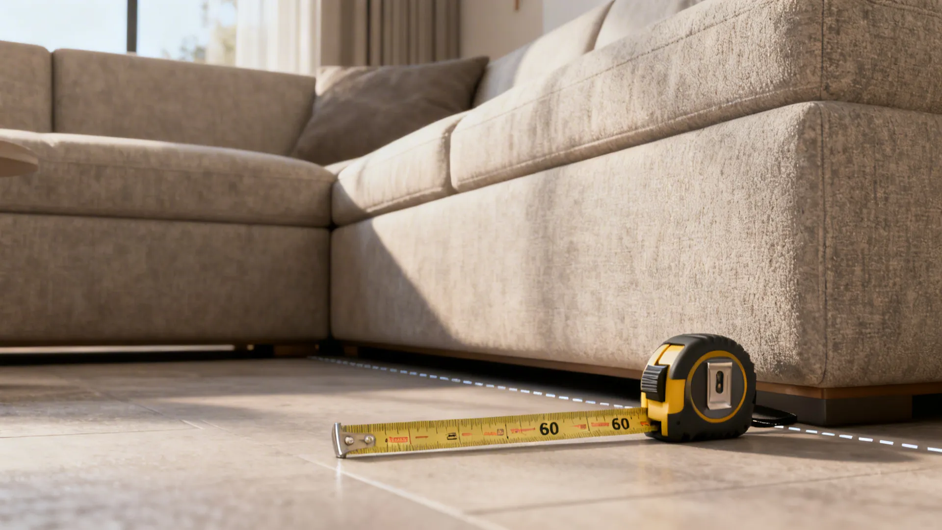 Tape measure showing 60 cm clearance between sofa and main walkway in a small living room