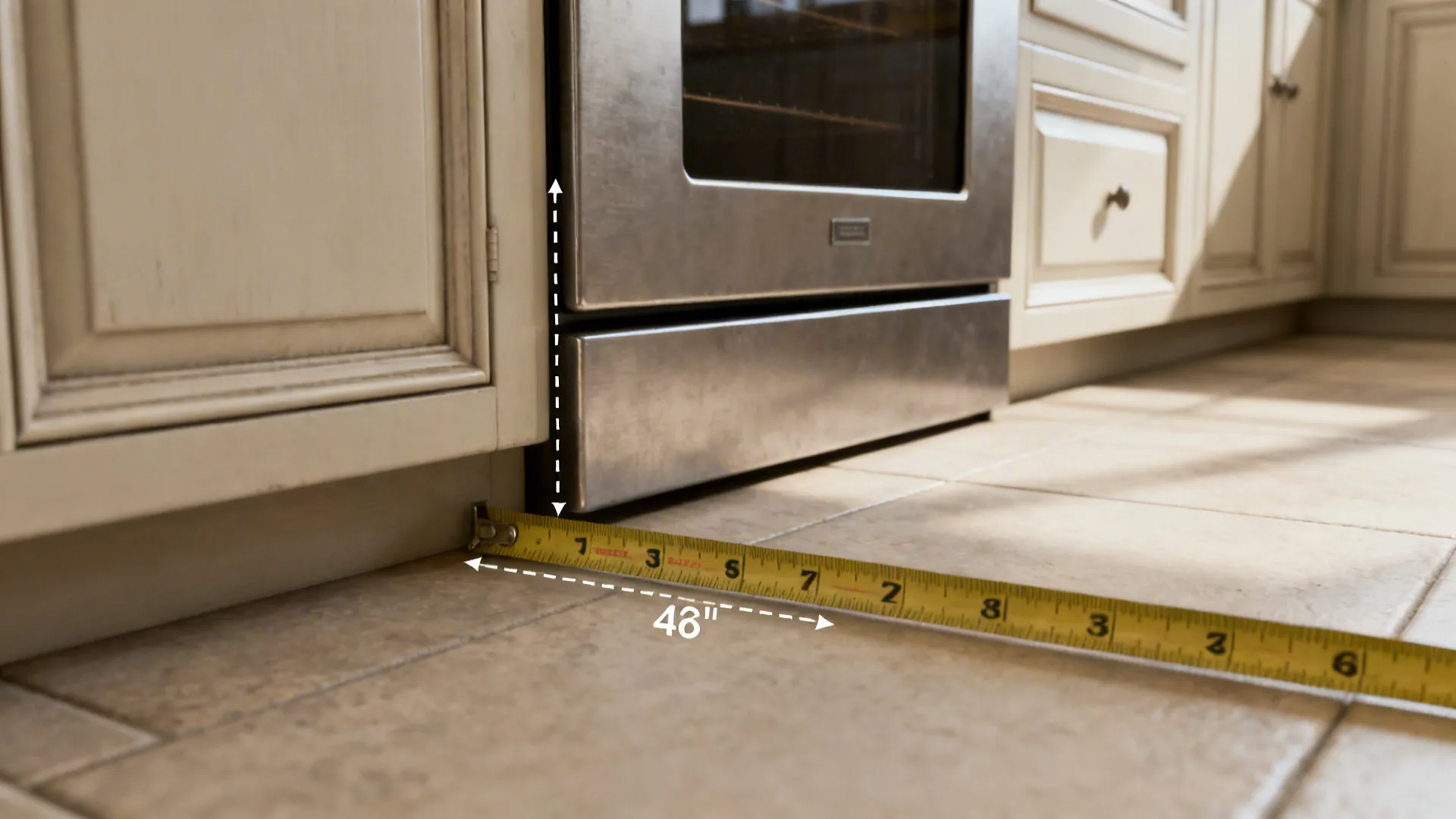 Close-up of a tape measure showing recommended kitchen clearance distances of 36–42 inches.