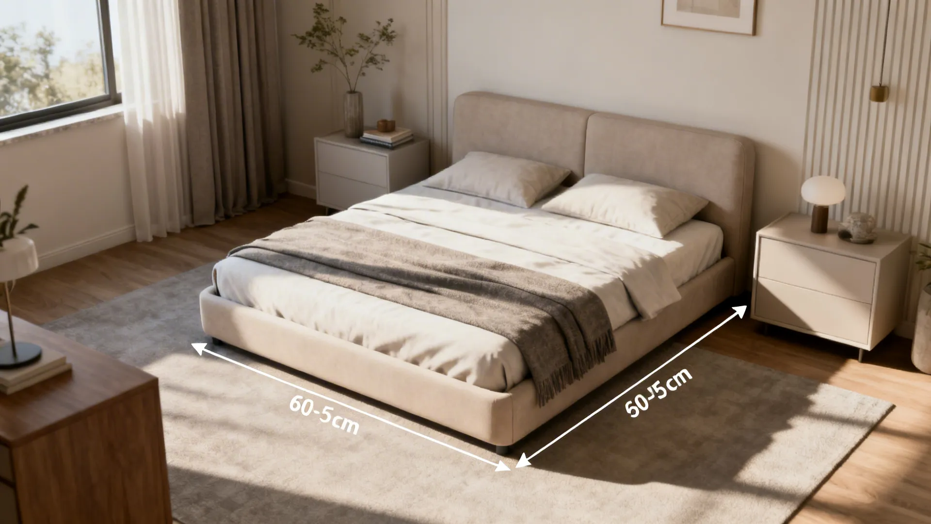 Bedroom scene showing recommended 60–75 cm clearance path beside the bed with measurement markers