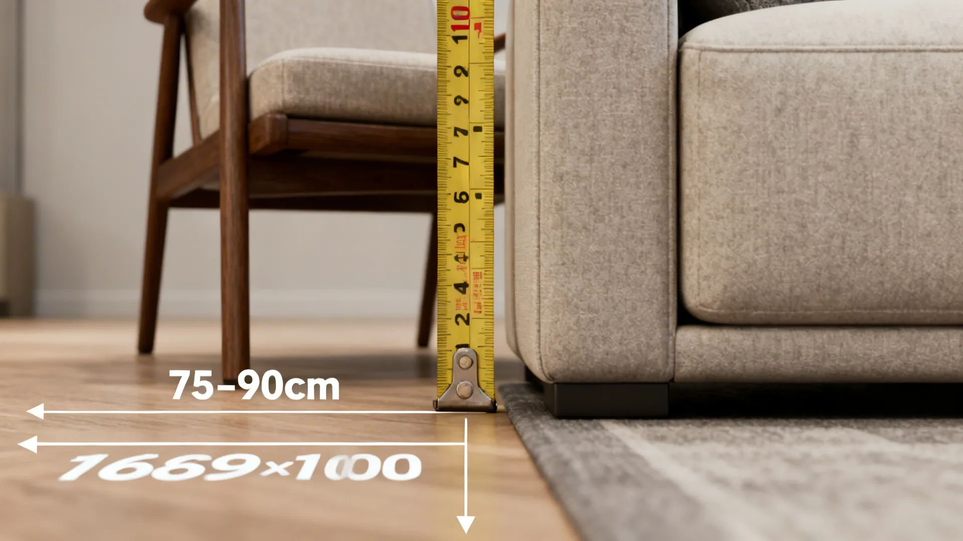 Tape measure showing 75–90 cm clearance behind a chair and compact sofa edge for circulation