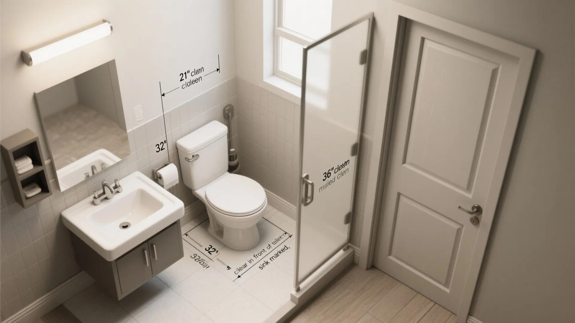 Top-down diagram of bathroom clearances showing 21" minimum and accessible door width overlays