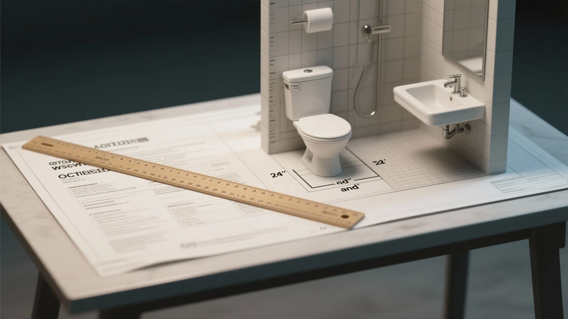 Layout mockup with ruler and scale showing bathroom clearances and measurements for fixtures.