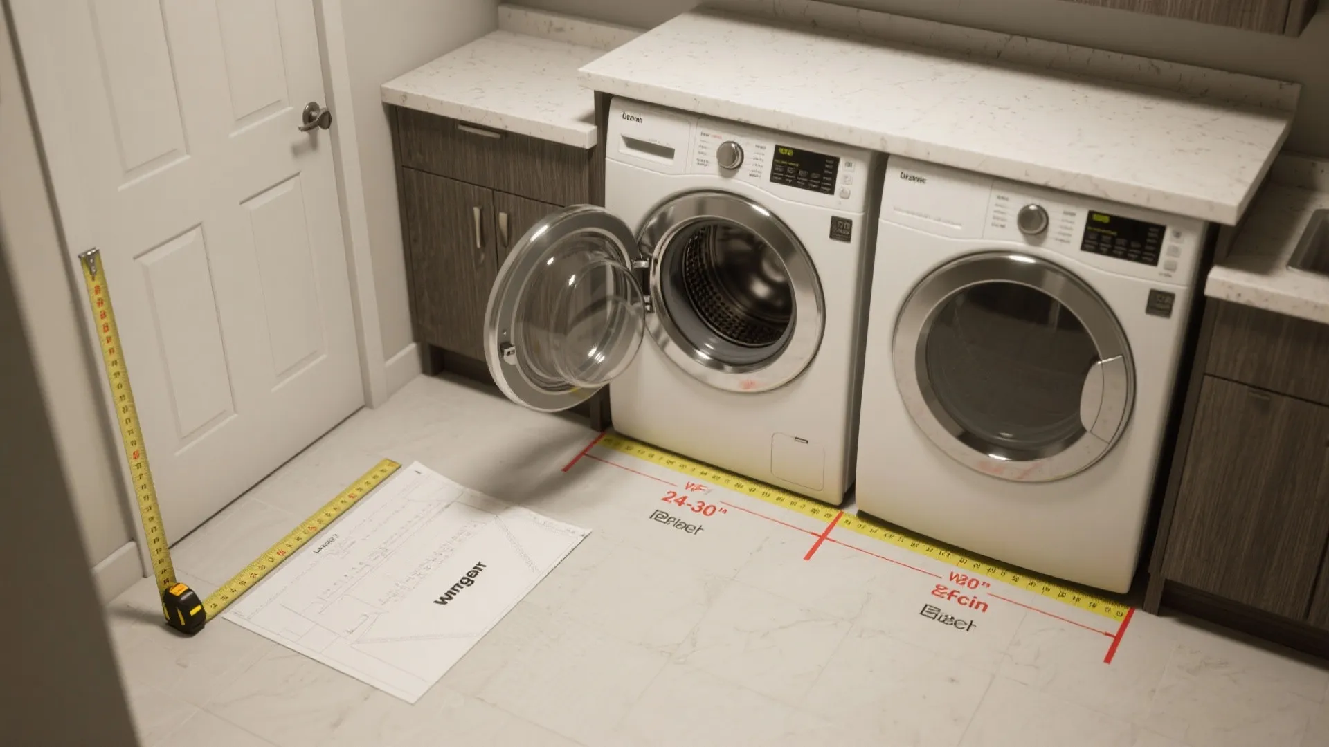 Design drawing on floor showing measurements for white washing machines under white stone laundry counter
