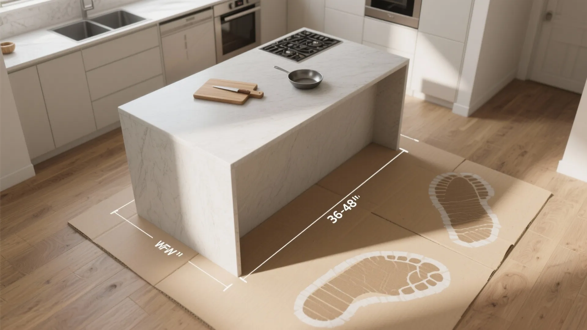 Top-down mockup of island footprint showing circulation space and mock props for testing layout.