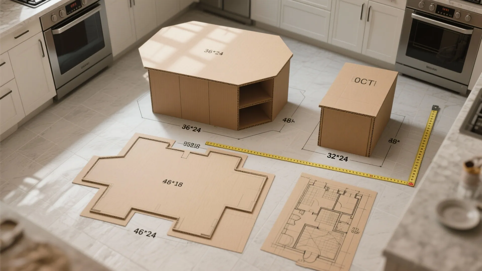 Top-down view of cardboard island mockups with measuring tape showing common island footprints and clearances.