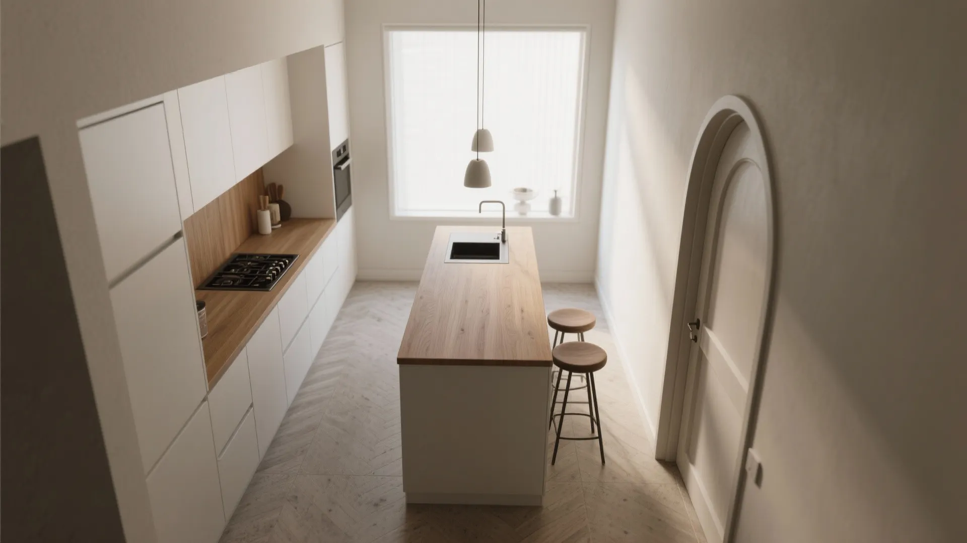 Build a slim “spine” island for narrow kitchens