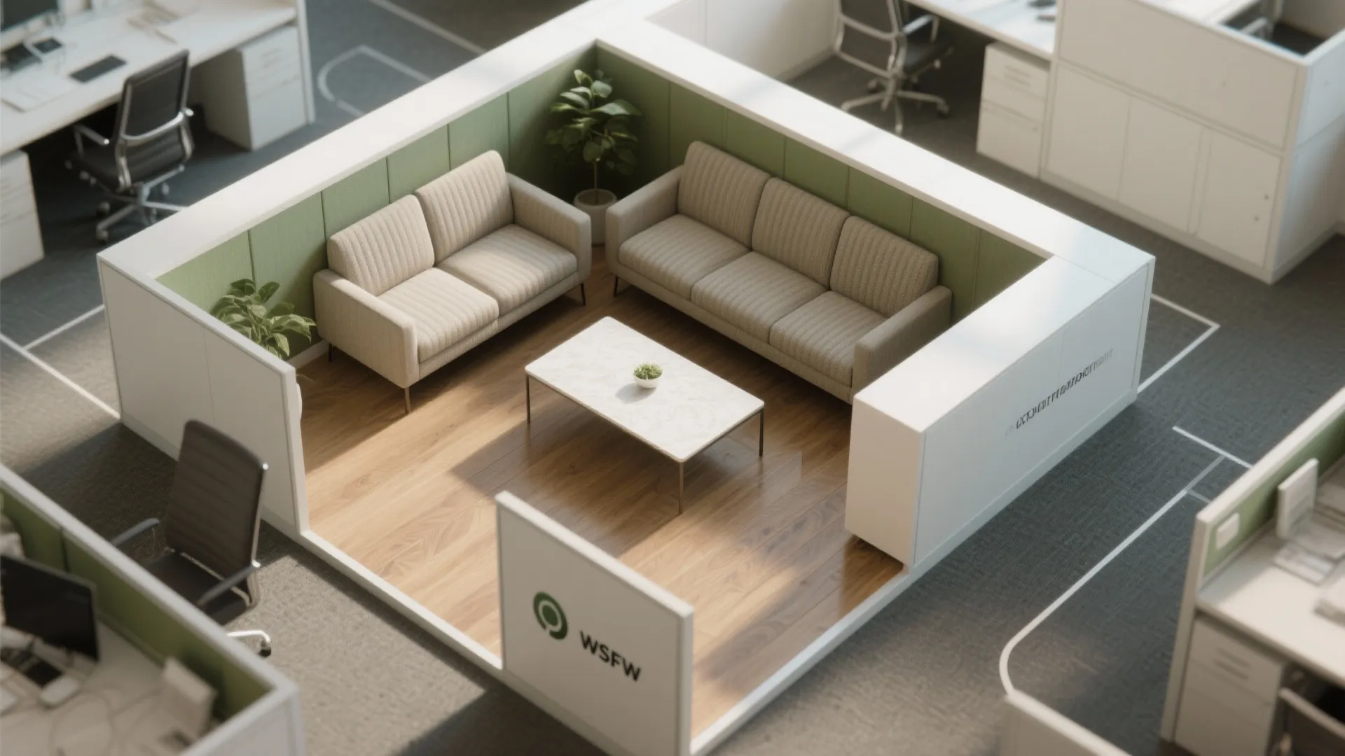 Top-down office seating plan with a loveseat, coffee table, and clear pathways around the layout.