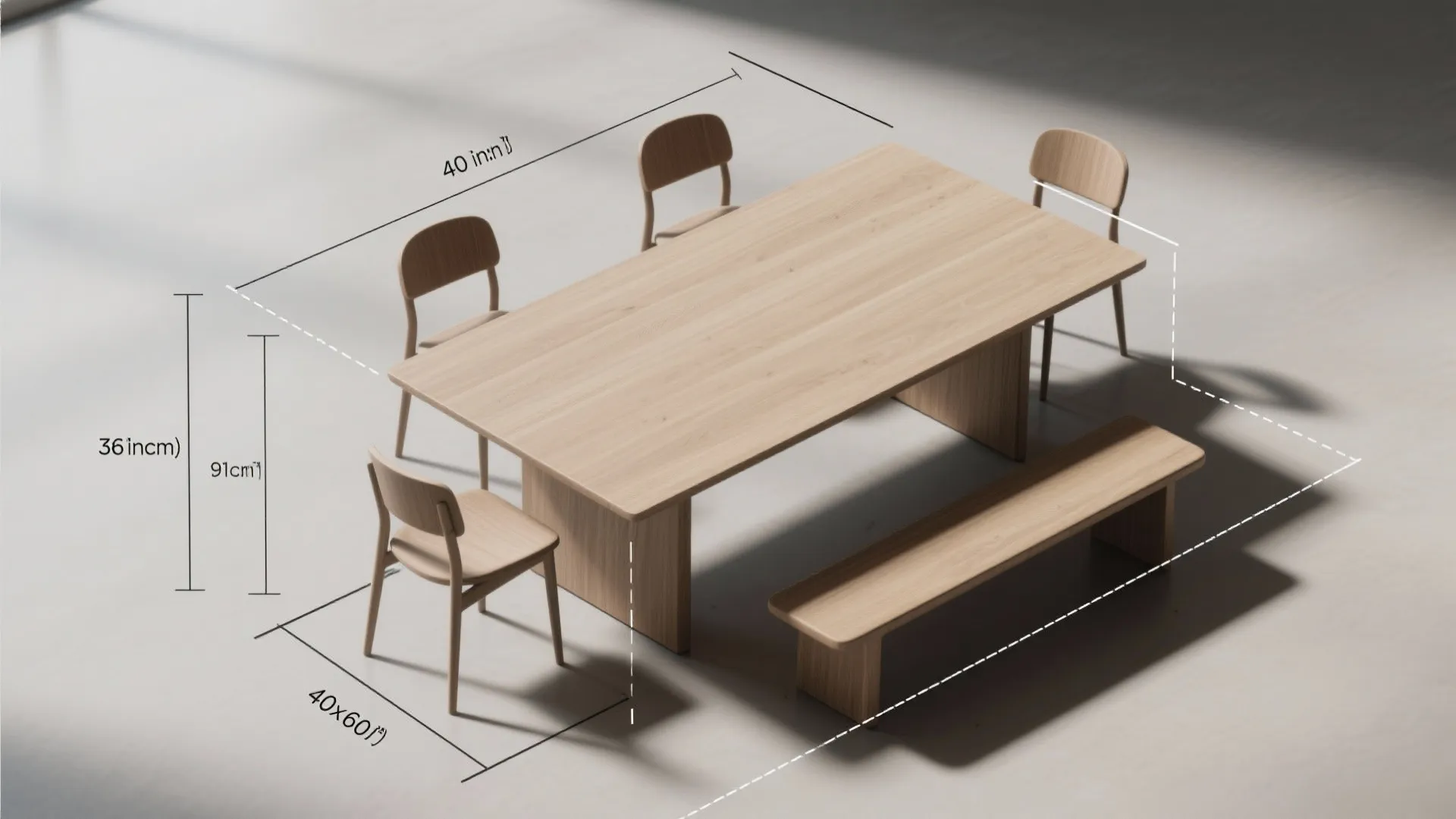 Top-down clearance diagram for a 40 x 60 dining table showing 36-inch clearance zones and seating layout.