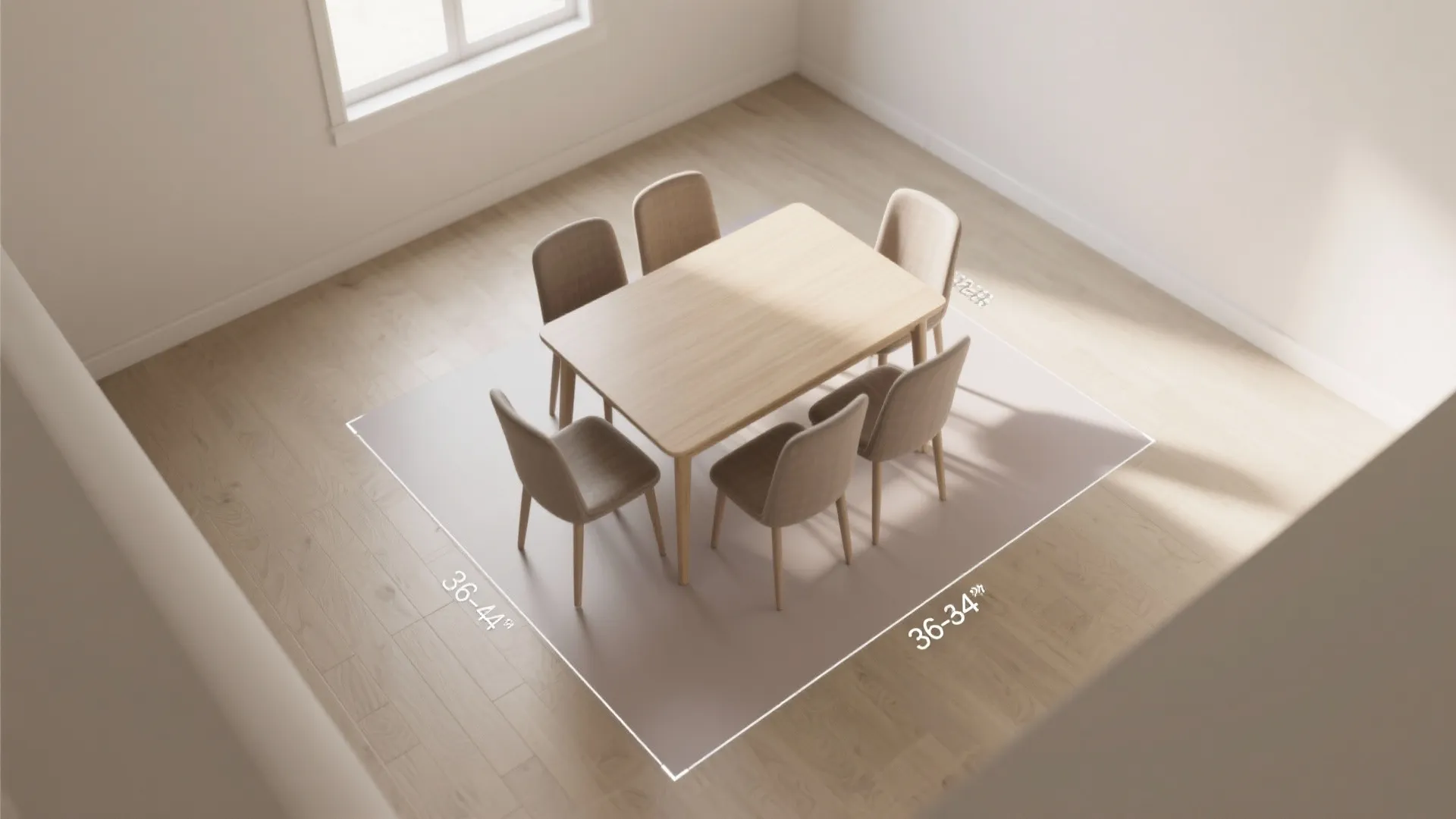 Top-down floor layout showing recommended 36–44 inch circulation space around a dining table in an 18x18 room.