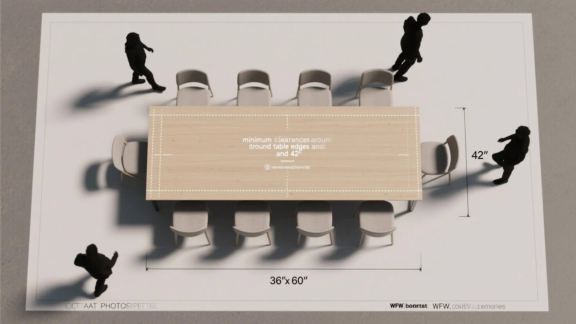 Top view interior design drawing showing a dining table with chairs and room clearance measurements