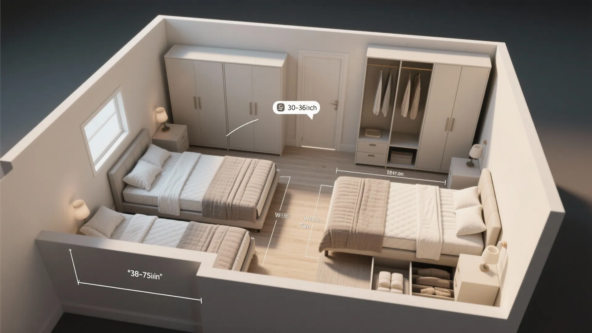 Interior design drawing showing bedroom layout with three beds and measurements for furniture clearance space