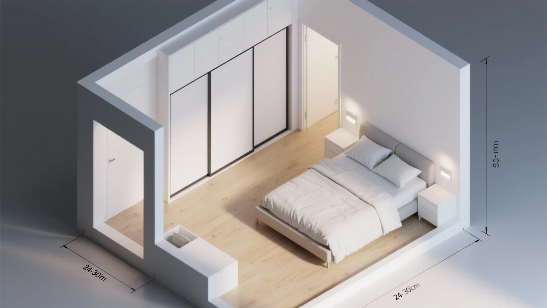 Interior design drawing showing a small bedroom with dimensions and white wardrobe with wood flooring