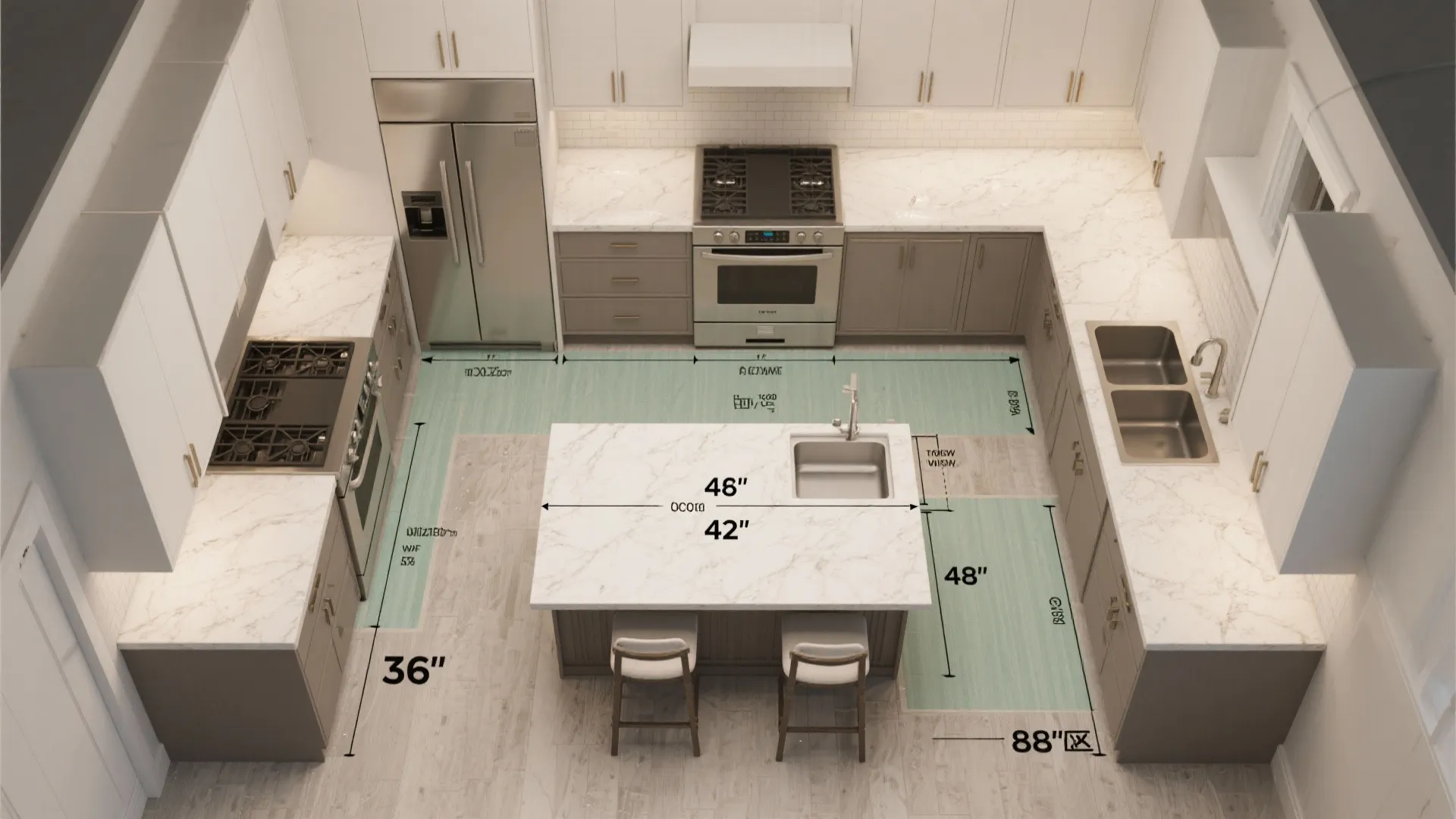 Top-down planning diagram illustrating recommended aisle clearances (36", 42", 48") around a kitchen island.