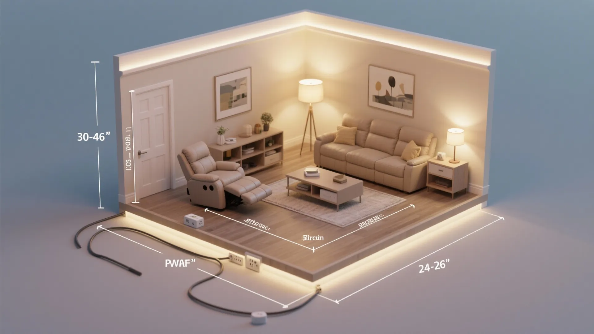 Interior design drawing showing room layout with beige sofa recliner floor lamp and measurement lines