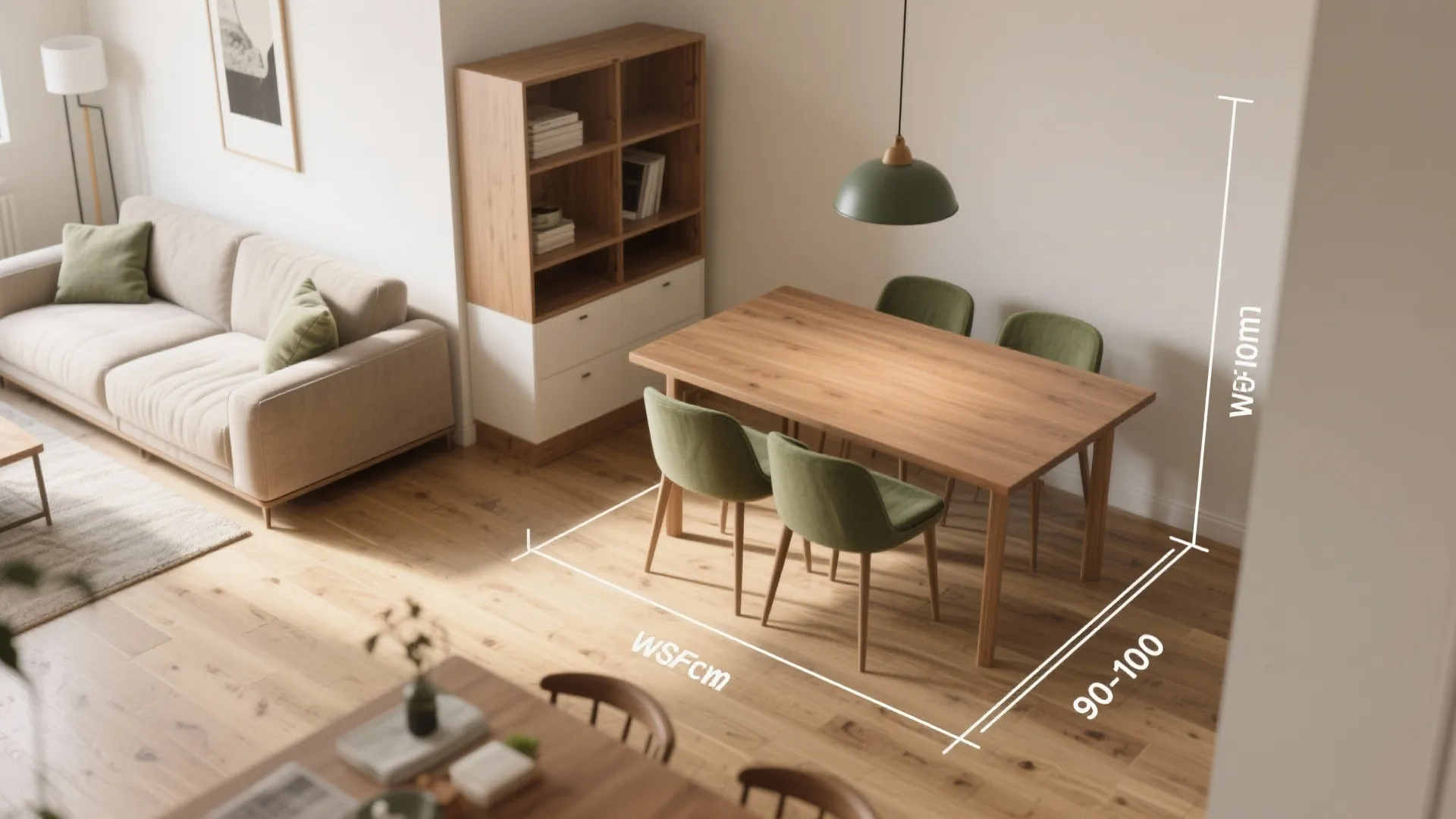 Dining room layout showing a wooden table with green chairs and white floor clearance measurements