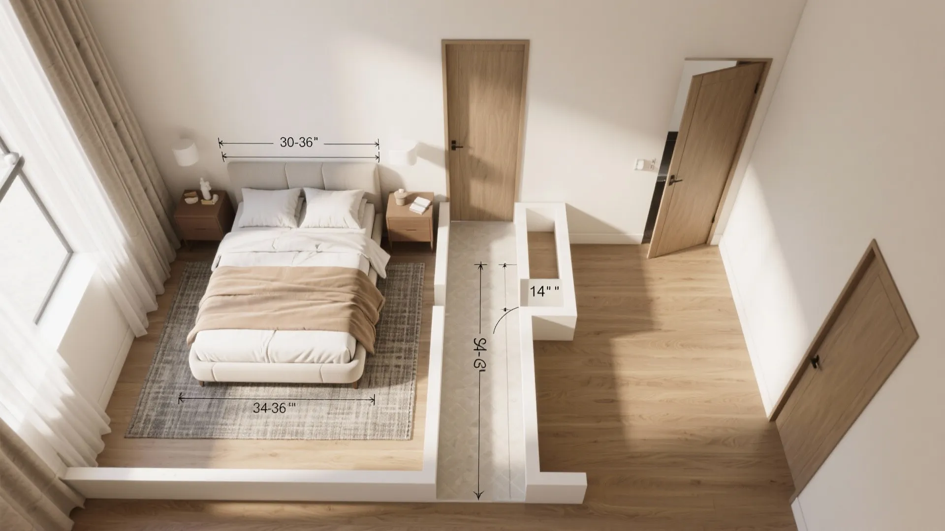 Top-down room layout illustrating bed clearances and door swing options for bedroom planning.