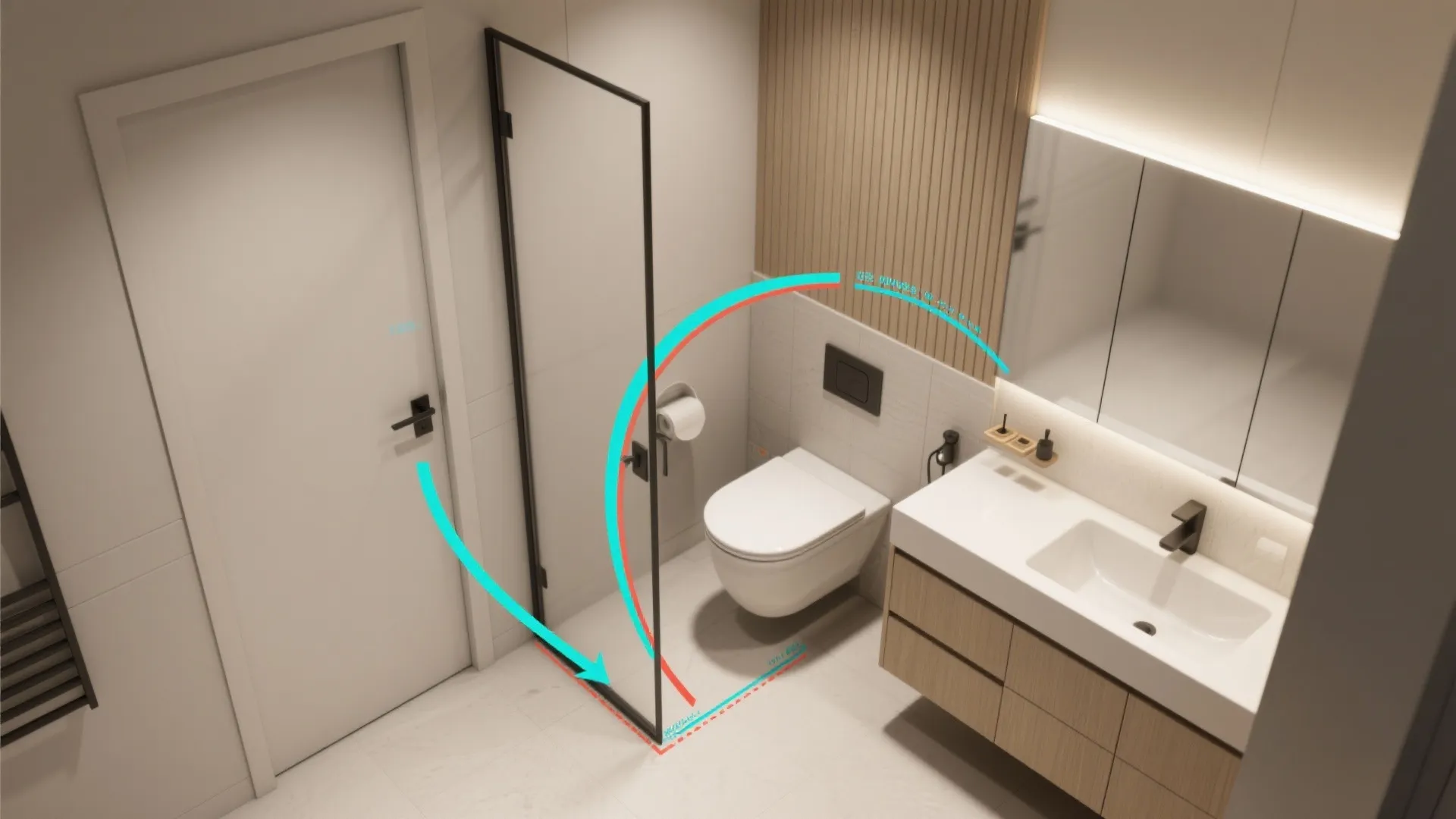 Modern bathroom interior design drawing with blue arrows showing the door swing and clearance space