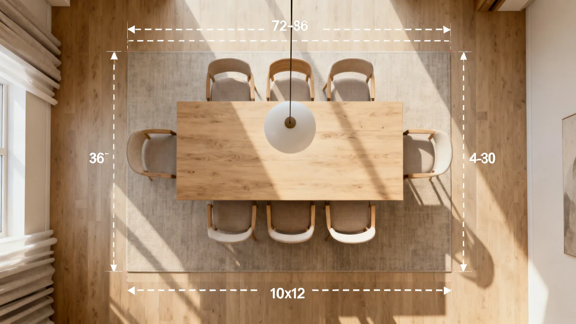 Interior design drawing showing top-down layout of dining table with chairs and rug dimension measurements