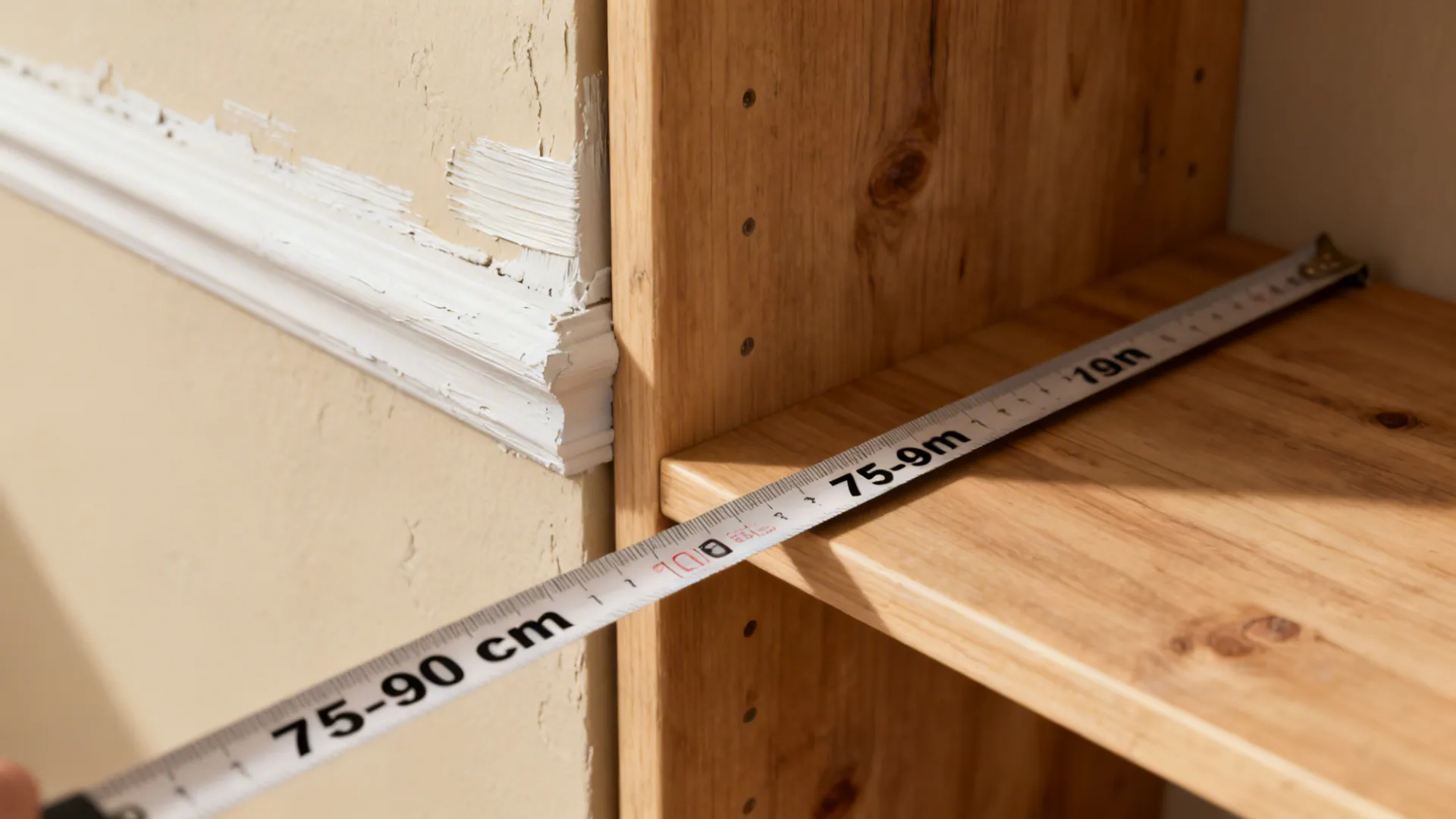 Measuring the gap between a wooden bookshelf and white wall panel using a tape measure