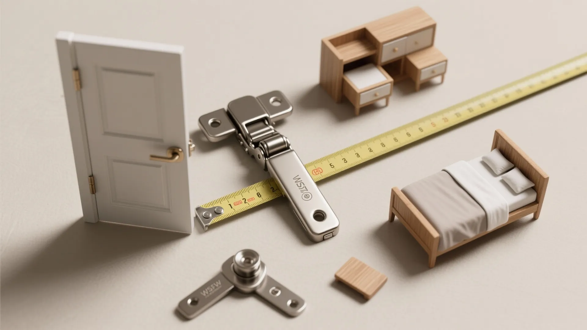 Flatlay of offset hinge, measuring tape and miniature furniture for door clearance planning