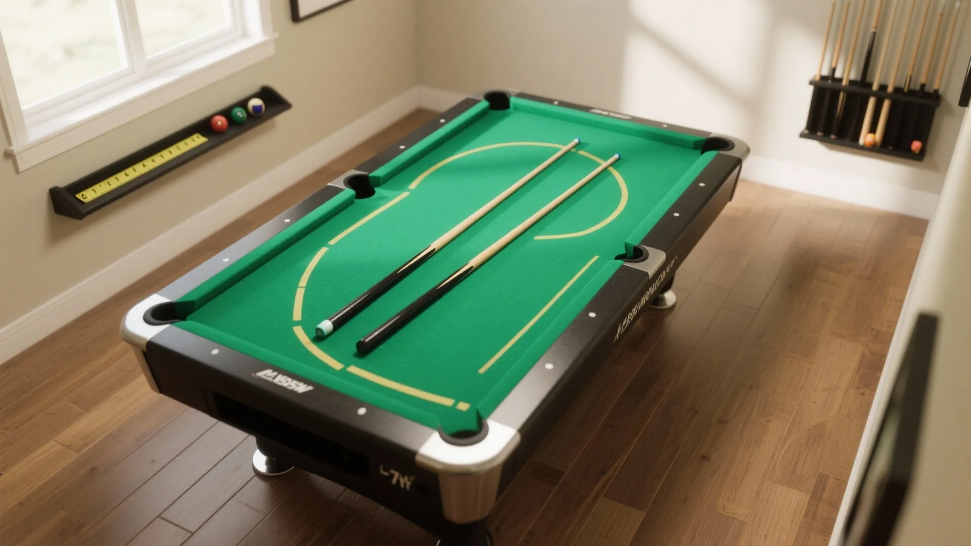 Top view of green pool table with two cues on wooden floor near a sunny window