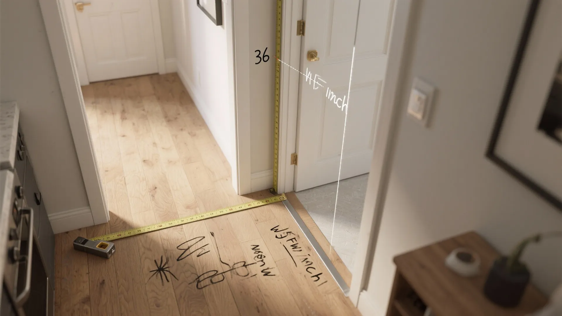 Top-down floor view showing a 36-inch hall-to-kitchen walkway clearance marked for planning.