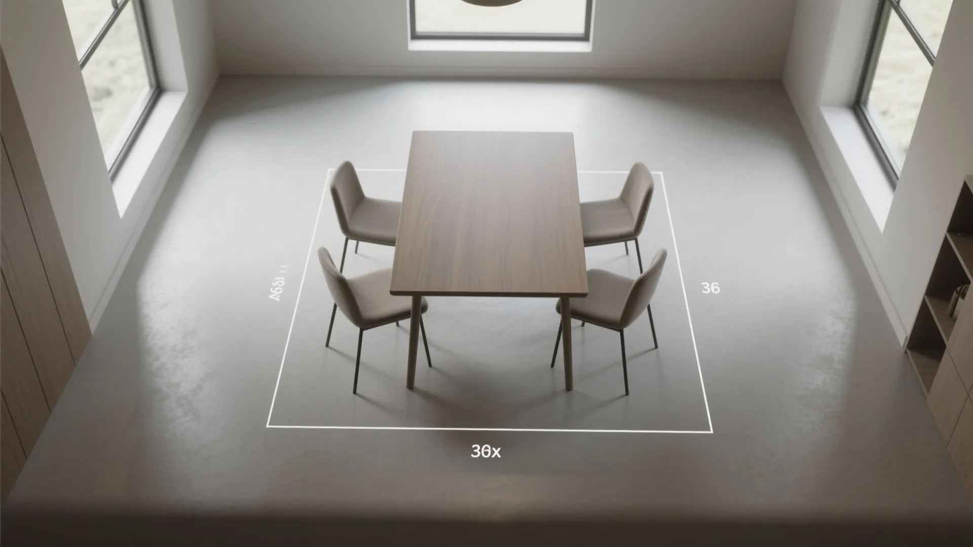 Top down interior design drawing of a dining set with measurements showing the required room layout