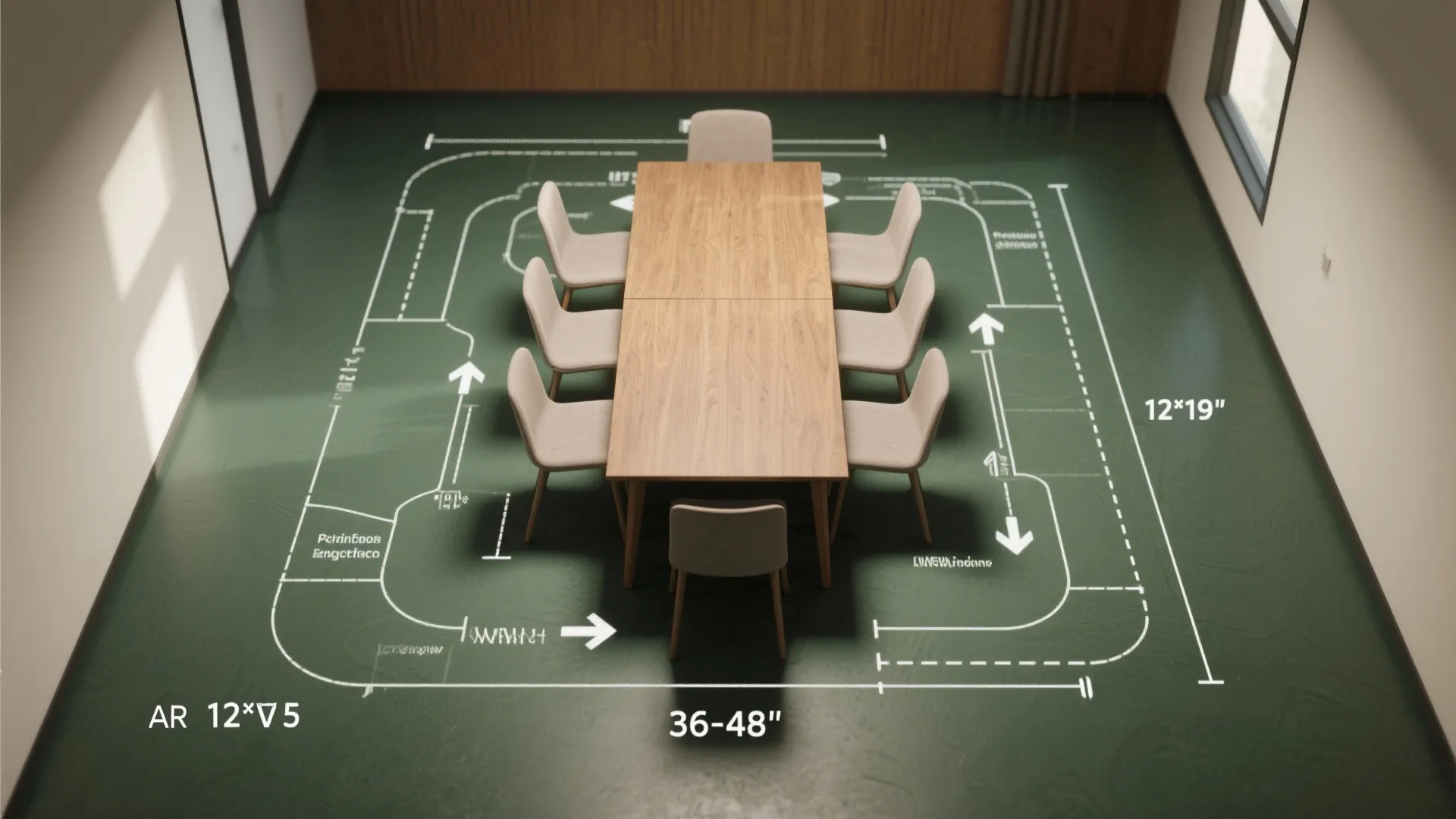Top down interior design drawing showing dining table clearance measurements on a green floor area