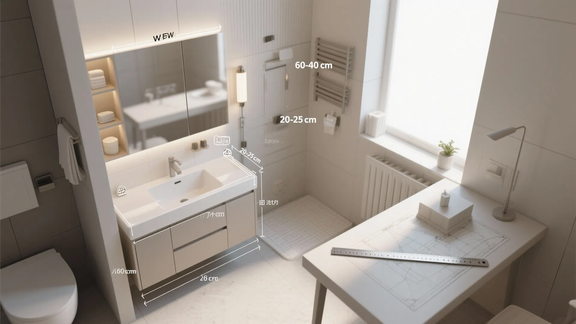 Interior design drawing showing bathroom layout with measurements for sink cabinet and wall light placement