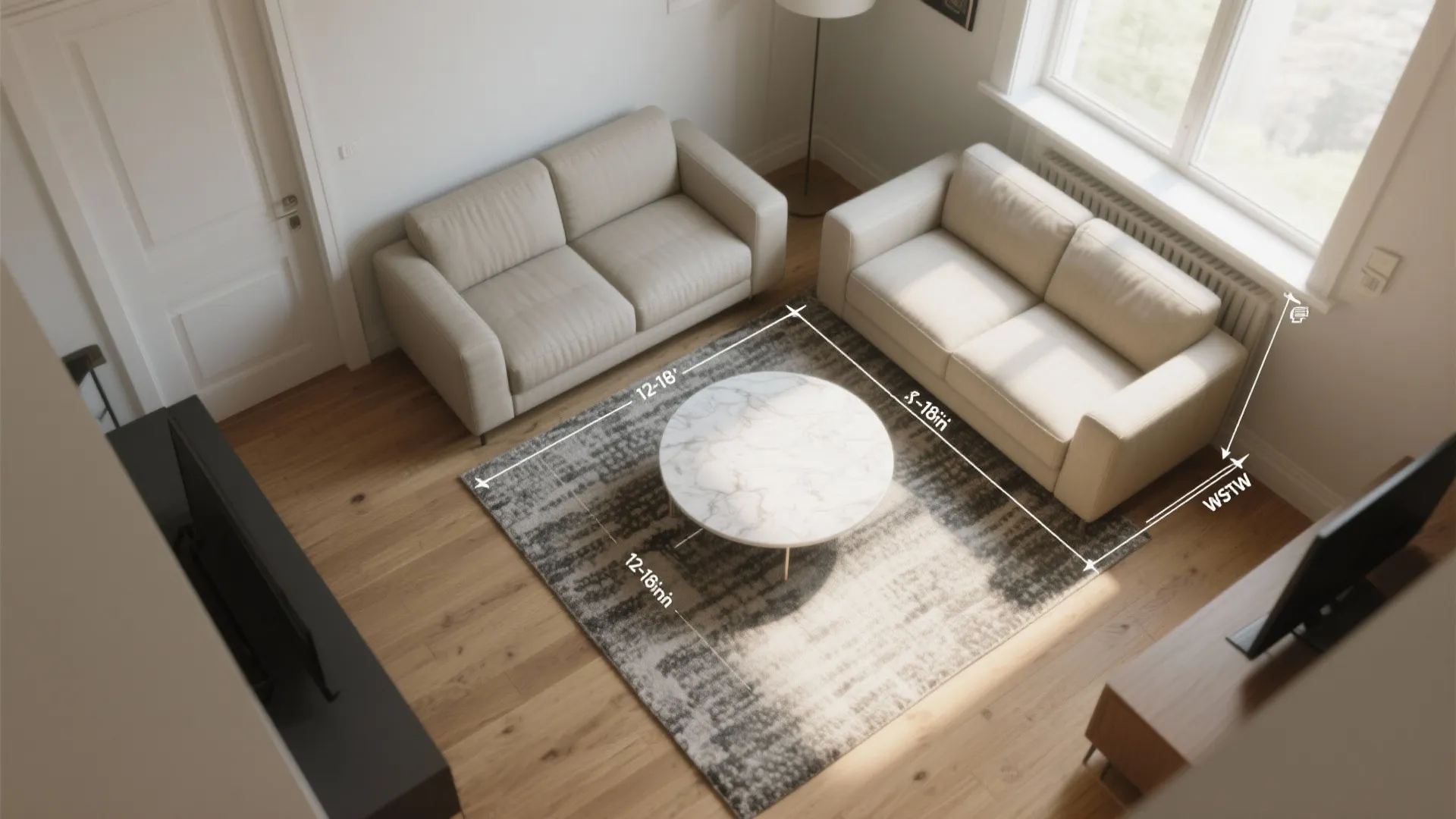 Top view interior design drawing showing living room furniture layout with measurements and white sofas