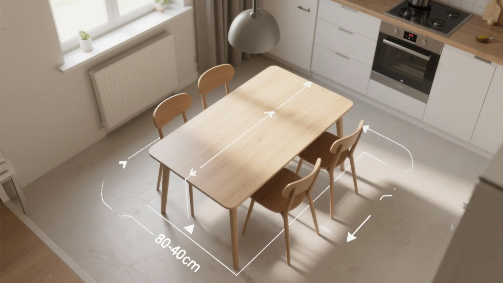 Top view interior design drawing showing dining table clearance measurements with chairs in a white kitchen