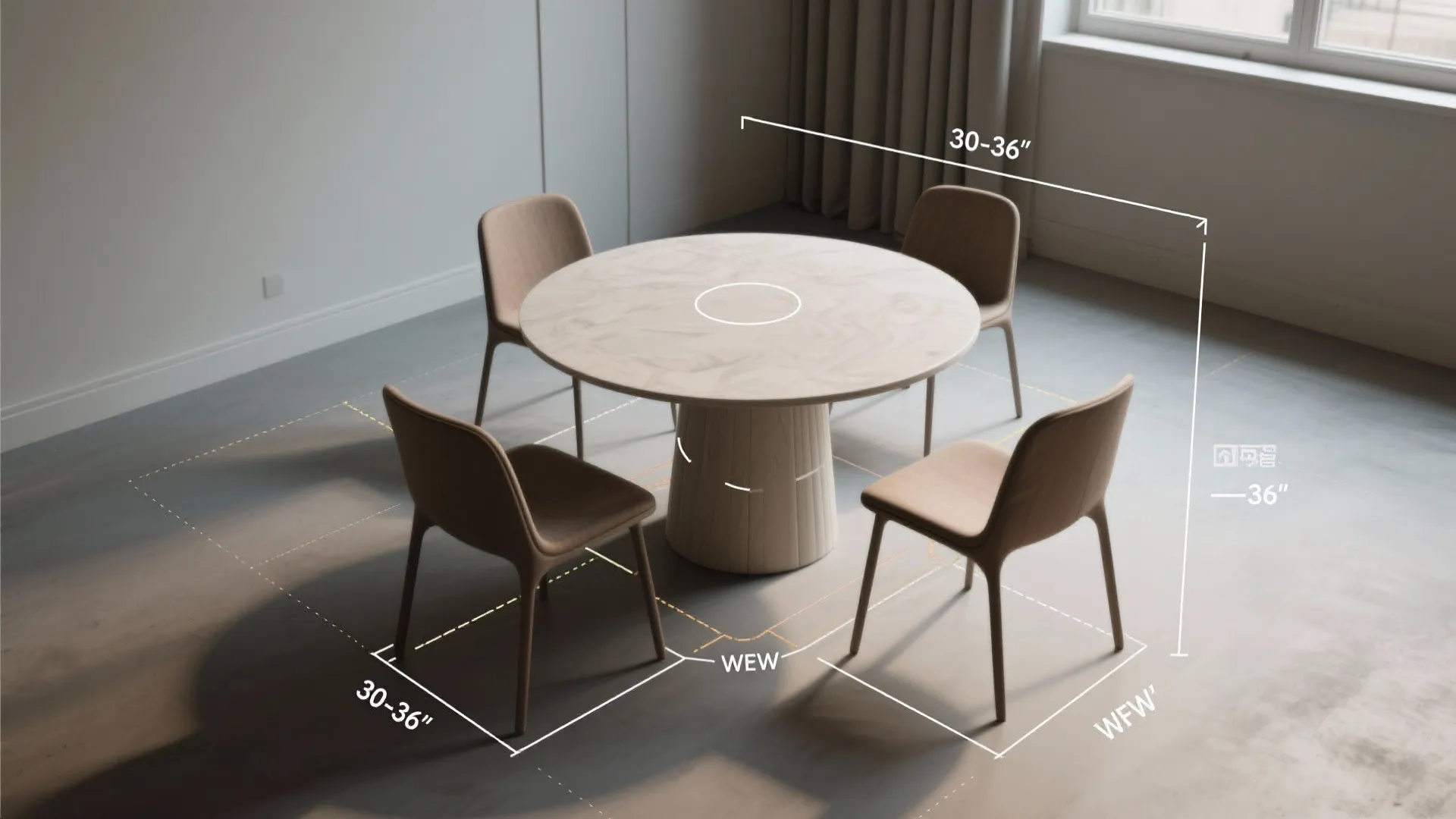 Round dining table with four chairs showing space measurements and distance for a room layout