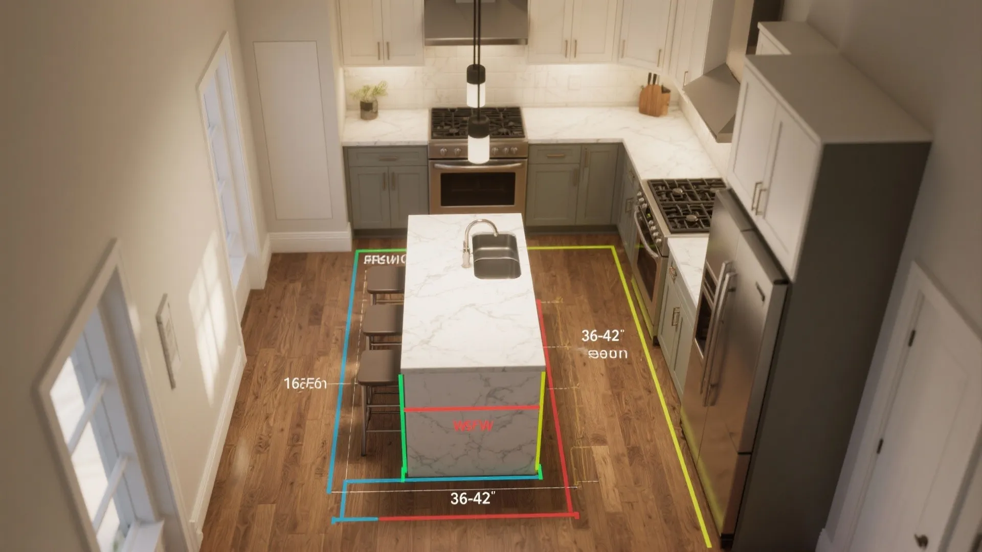 Top view kitchen island showing recommended walking space measurements between cabinets and white marble counter