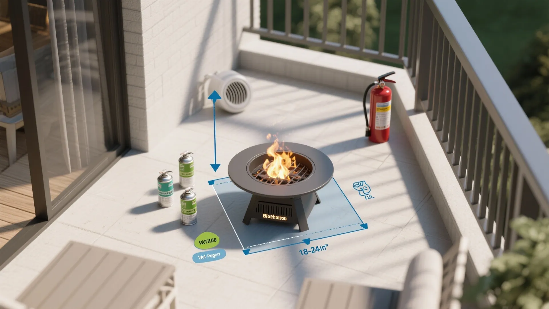 Balcony scene showing safe distance measurements for fire pit with fire extinguisher and fuel cans