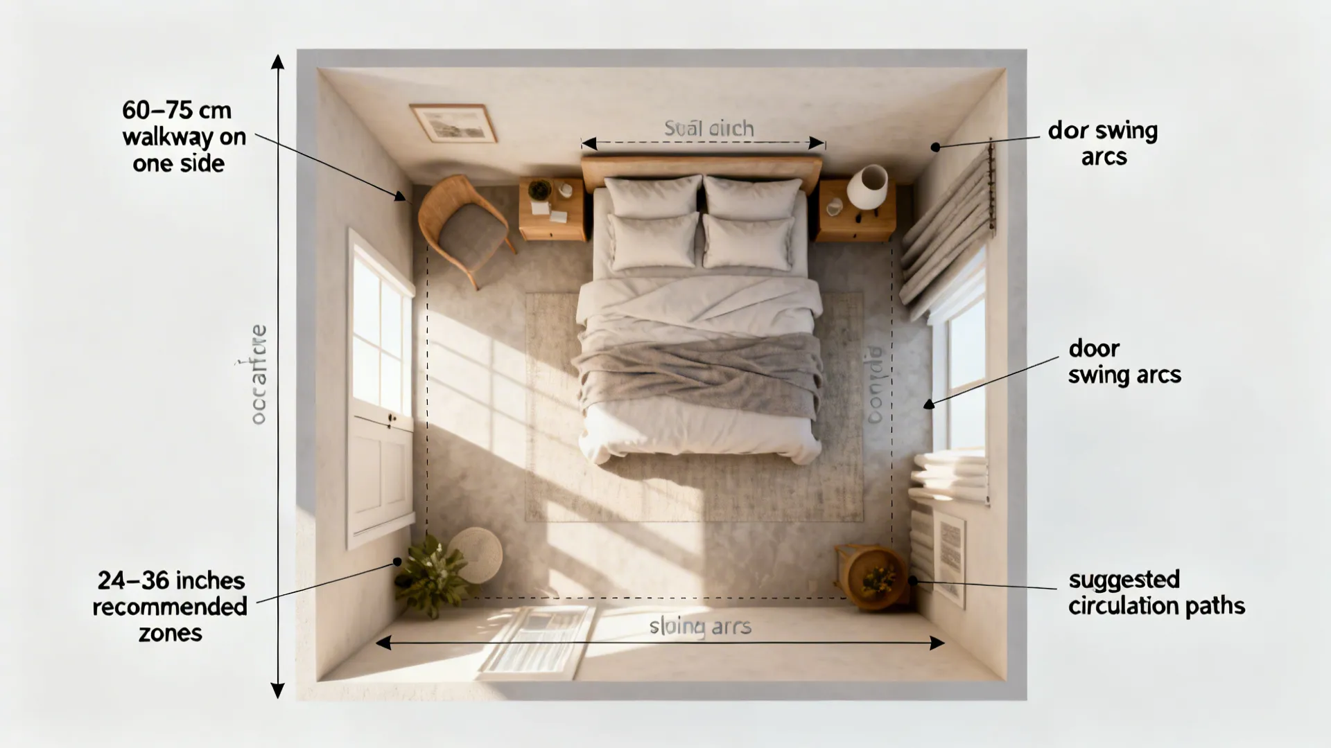 Top-down bedroom plan showing recommended bed clearances and circulation paths.