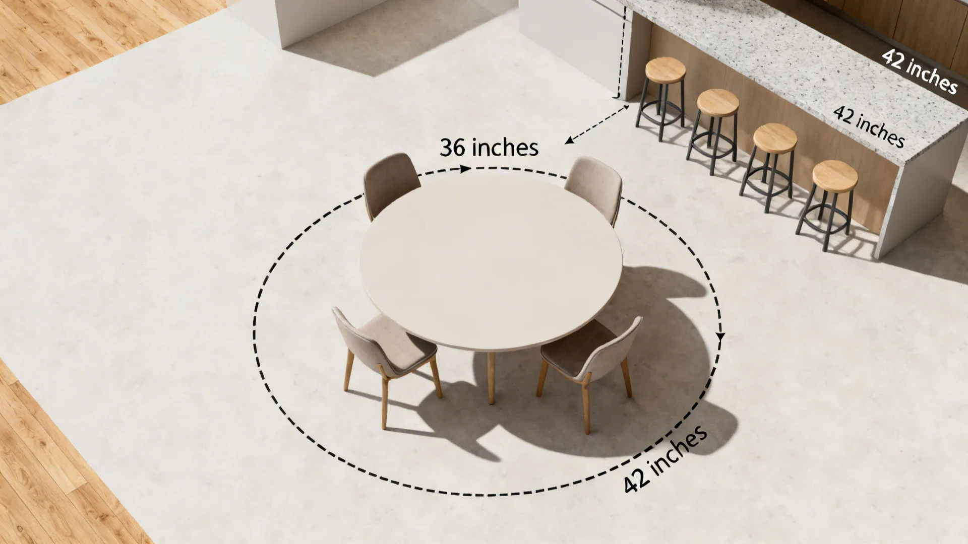 Top-down view showing a small round table with chairs and a 36-inch clearance zone marked around it.