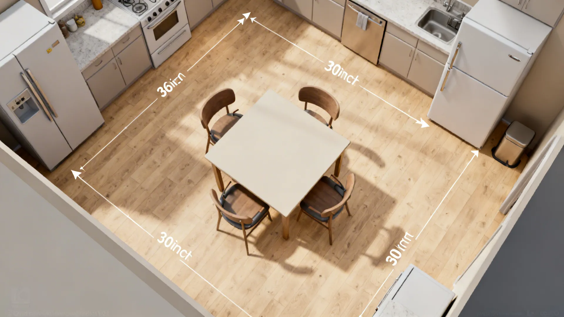 Top-down view of a small kitchen showing clearances around a central table and walkway paths.