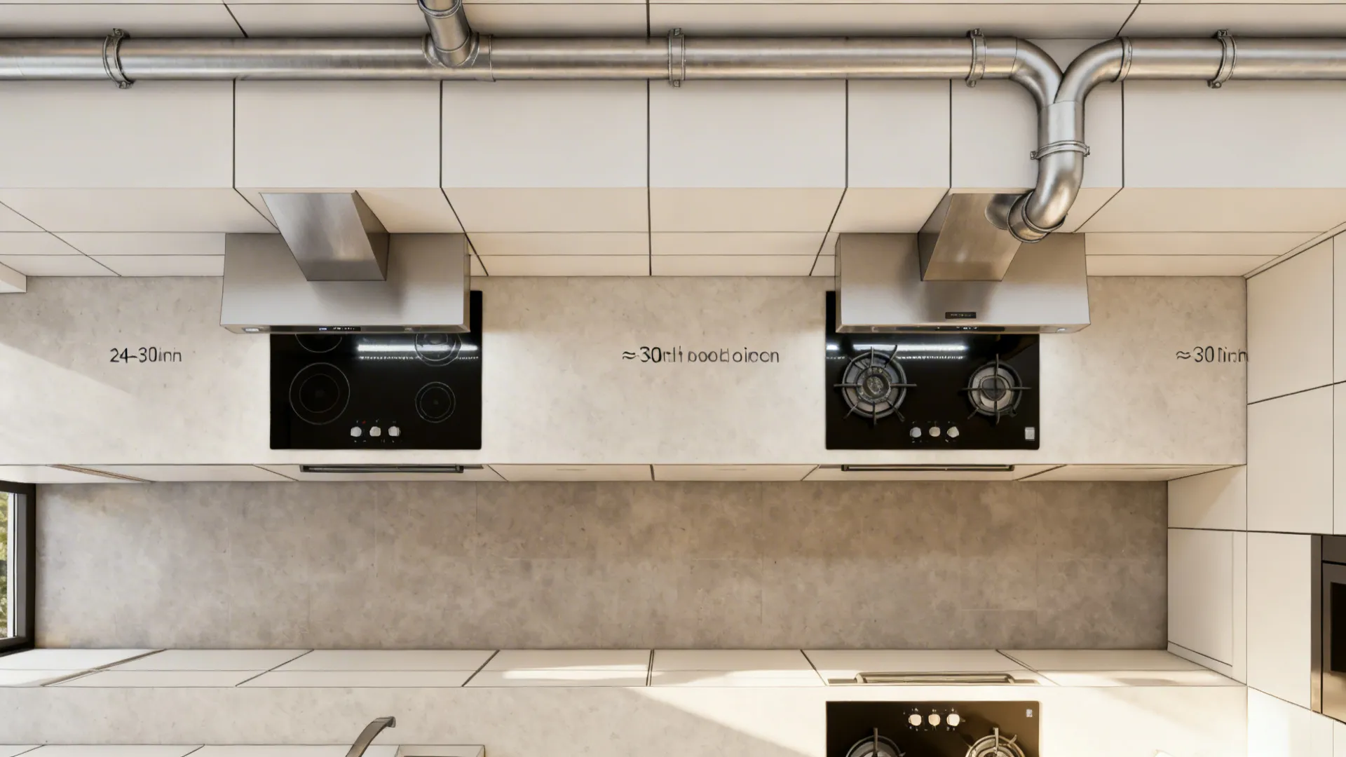 Top-down visualization showing safe hood clearances and straight duct routing in a galley kitchen.