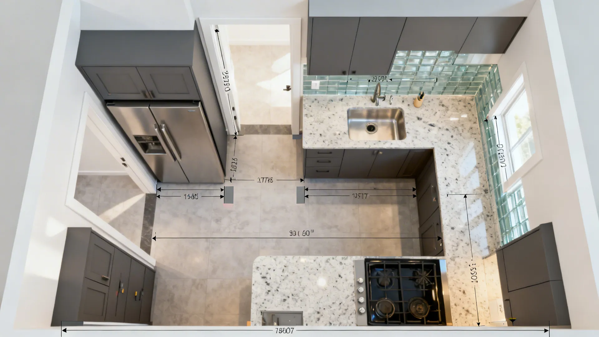Top-down kitchen plan emphasizing clearances like aisle widths, landing areas, and door swings.