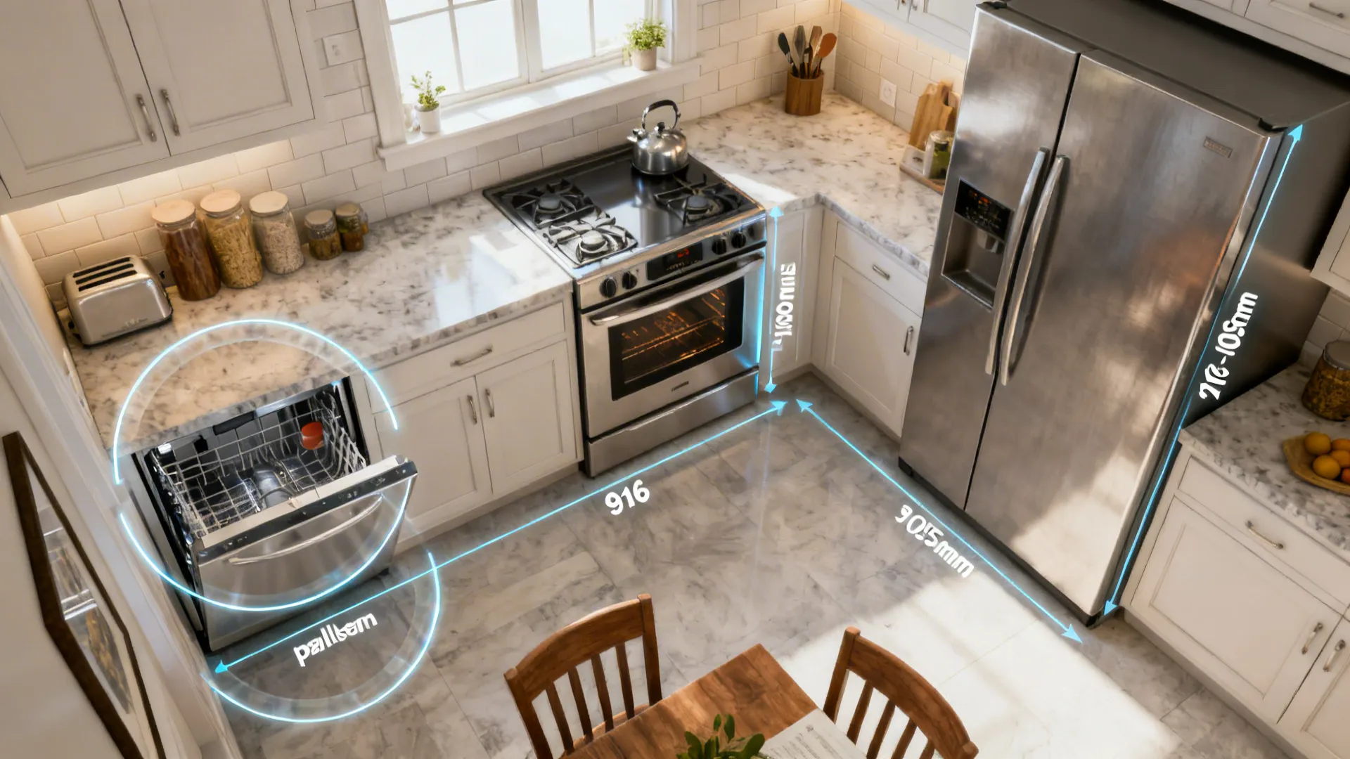 Top-down view of a kitchen with transparent arcs indicating appliance swings and walkway clearances.