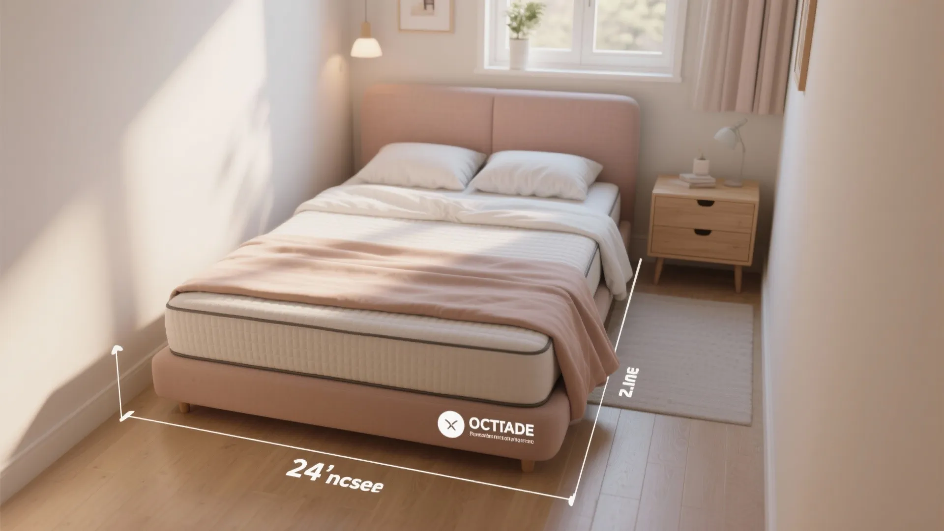 Small bedroom showing recommended 24-inch clearance around a queen bed for access and circulation.