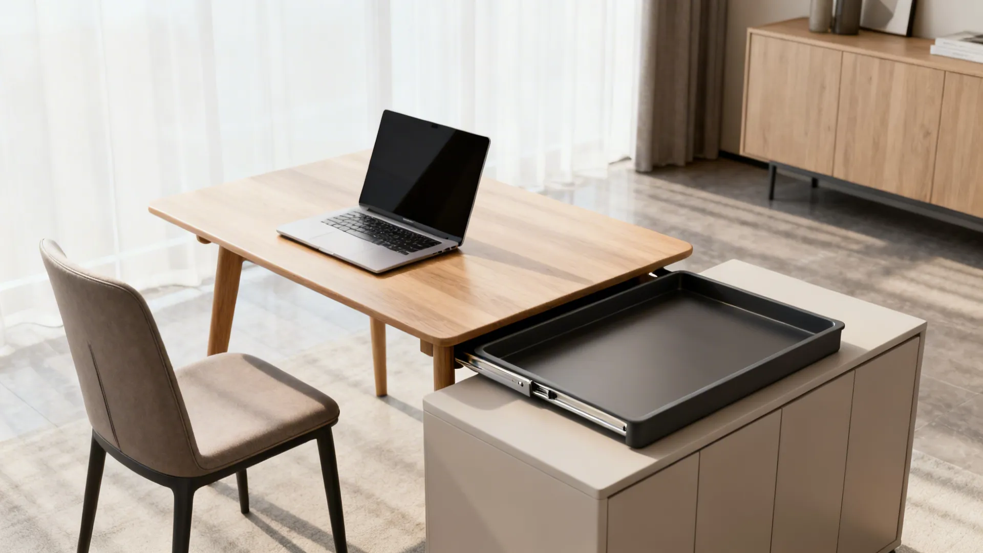 Small dining table cleared for work while the centerpiece tray sits on a nearby sideboard