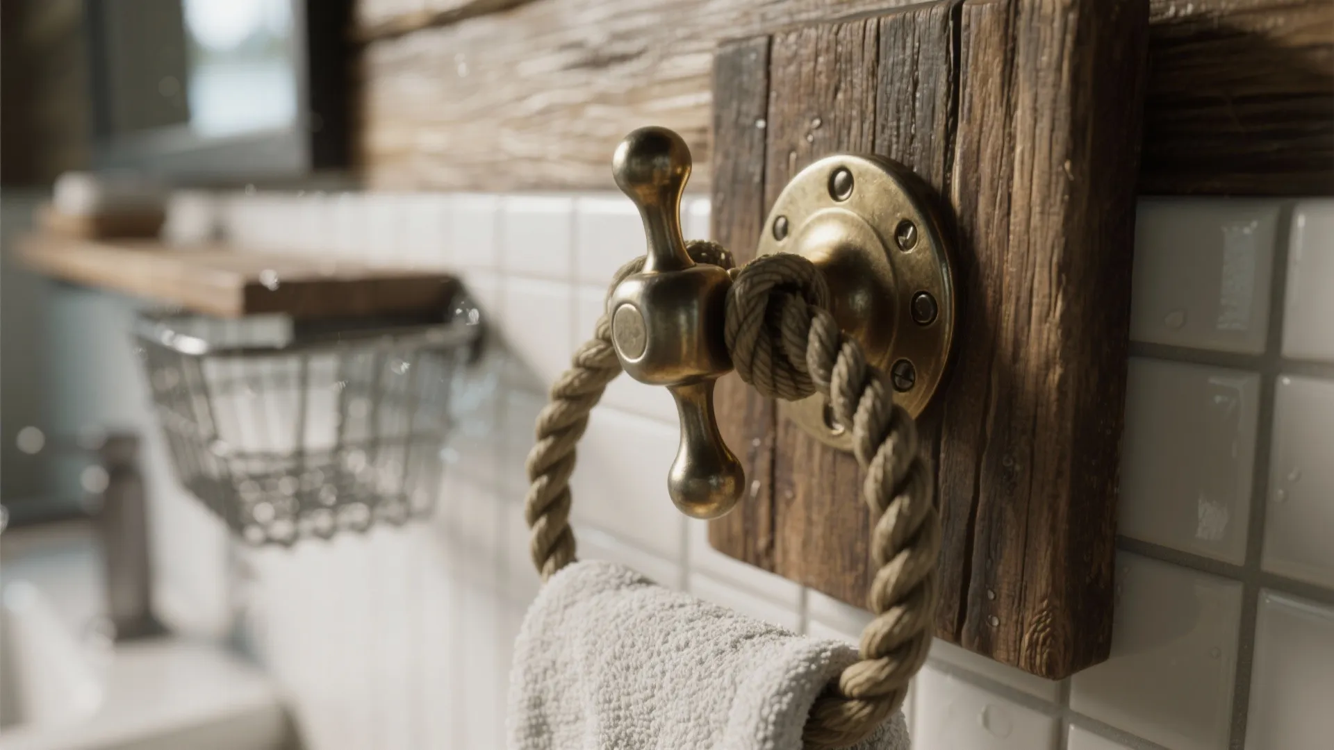 Macro of a boat cleat towel hook on reclaimed wood with rope shelf and galvanized basket, marine-grade finish.